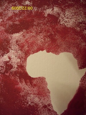 a red painting with a pink cutout of africa