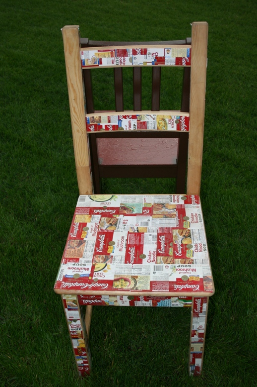 a chair covered in campbells' soup labels